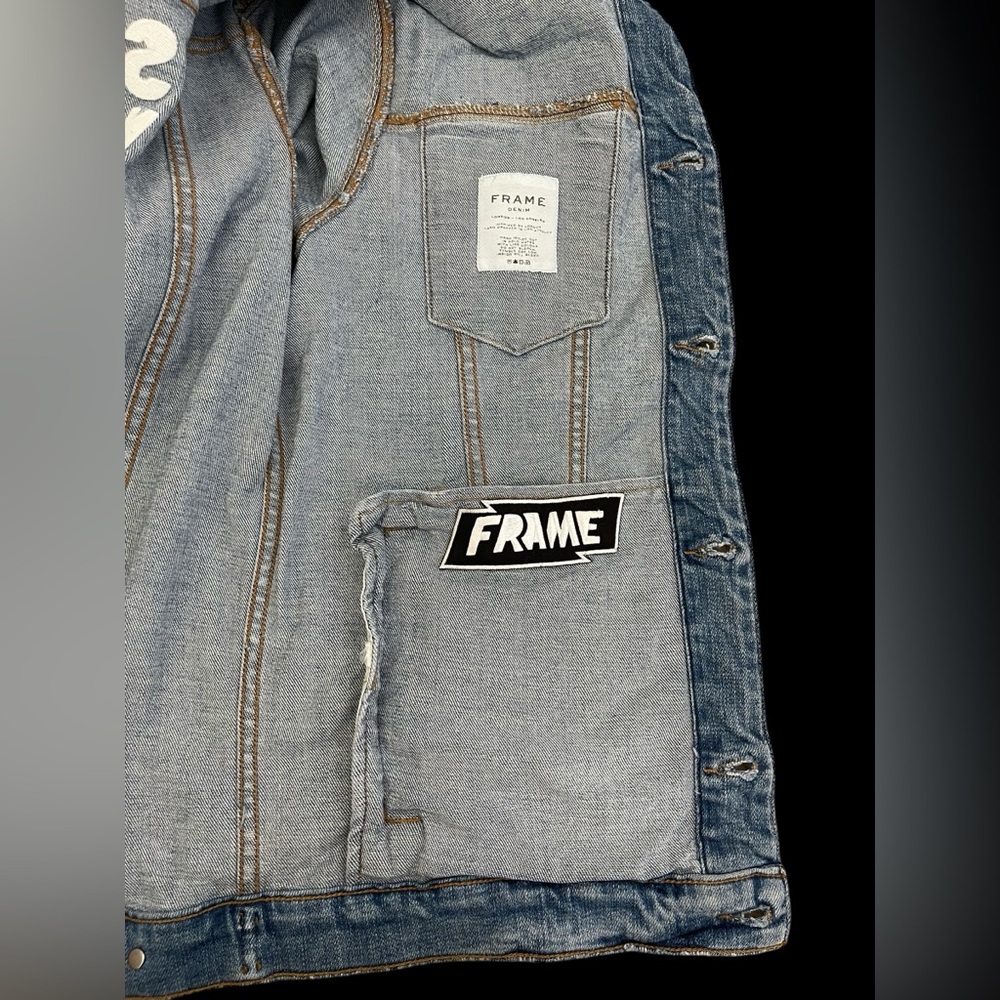 FRAME x Bjorn Iooss SS17 Denim Jacket Patches Distressed Blue Size M Rare - Picture 9 of 11